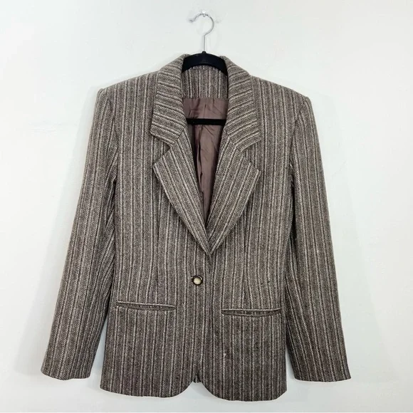 Vintage tailored preppy old money tweed stripe brown fitted jacket blazer - Picture 3 of 11